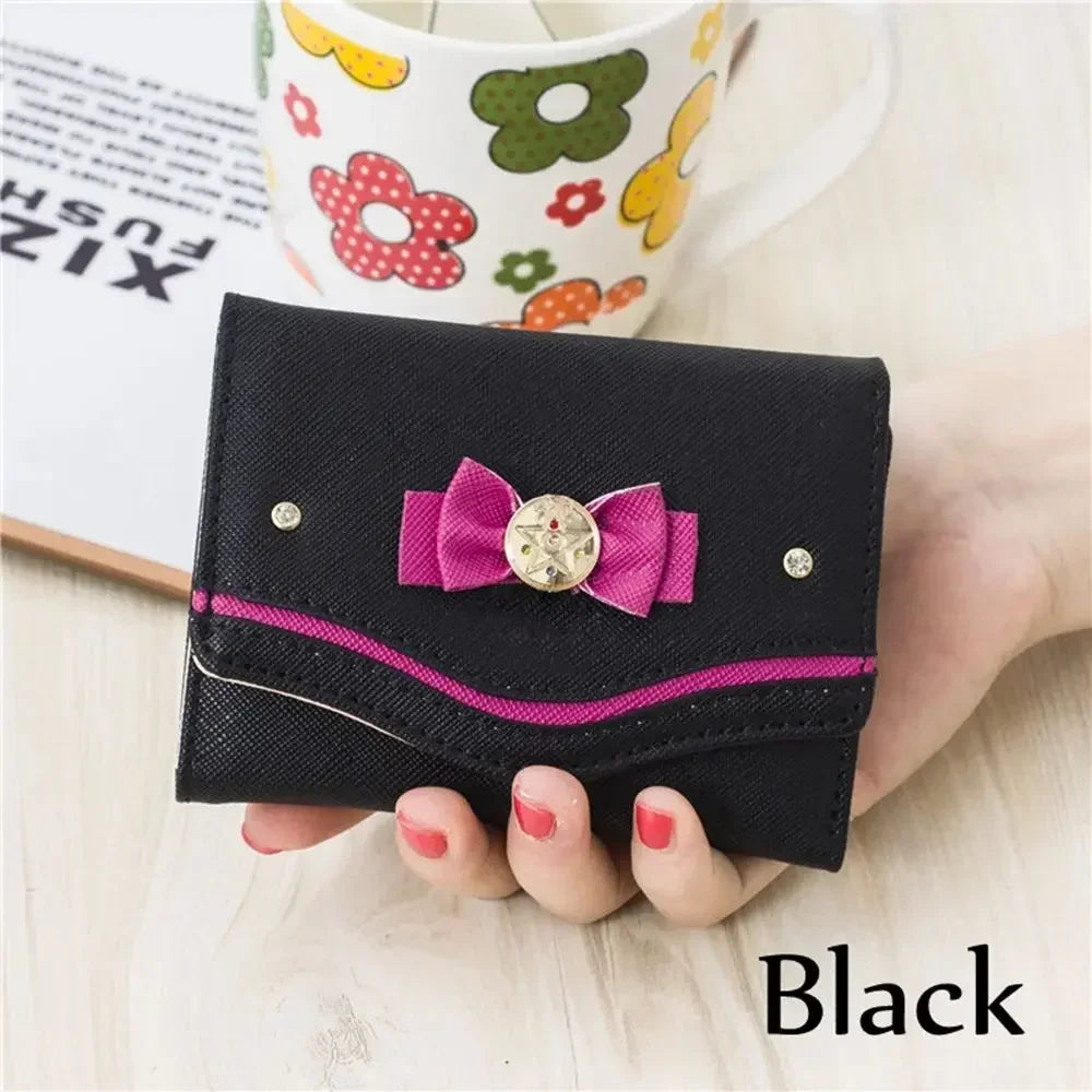 Cartera corta para mujer, bolso de mano con nudo de lazo de Color caramelo, cartera de moda para chica Sailor Moon, bolso de mano, monedero para tarjetas, nuevo Popular