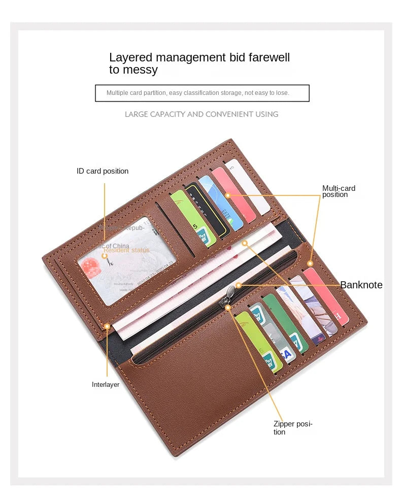 Nueva cartera larga estilo libro de cheques de Color café para hombre de gran capacidad PU Retro largo para hombres con ranuras para tarjetas con ventana de identificación