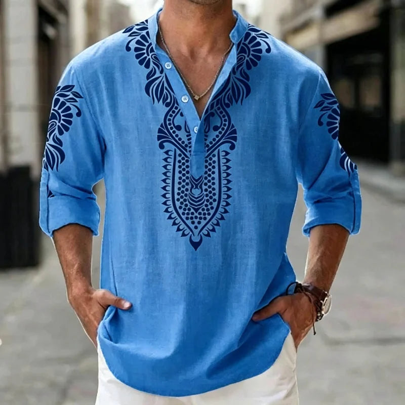 Camisa Henley de Lino para Hombre, Estilo Bohemio, Estampado Étnico Tribal, Manga 3/4, Cuello en V, Corte Holgado Informal, Blusa de Playa