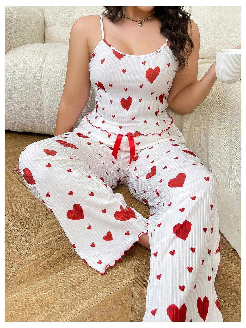 Conjunto de pijamas de talla grande para mujer, chaleco y pantalones sin mangas de 2 piezas, ropa de dormir blanca suave y transpirable, ropa de dormir informal con estampado de corazón rojo