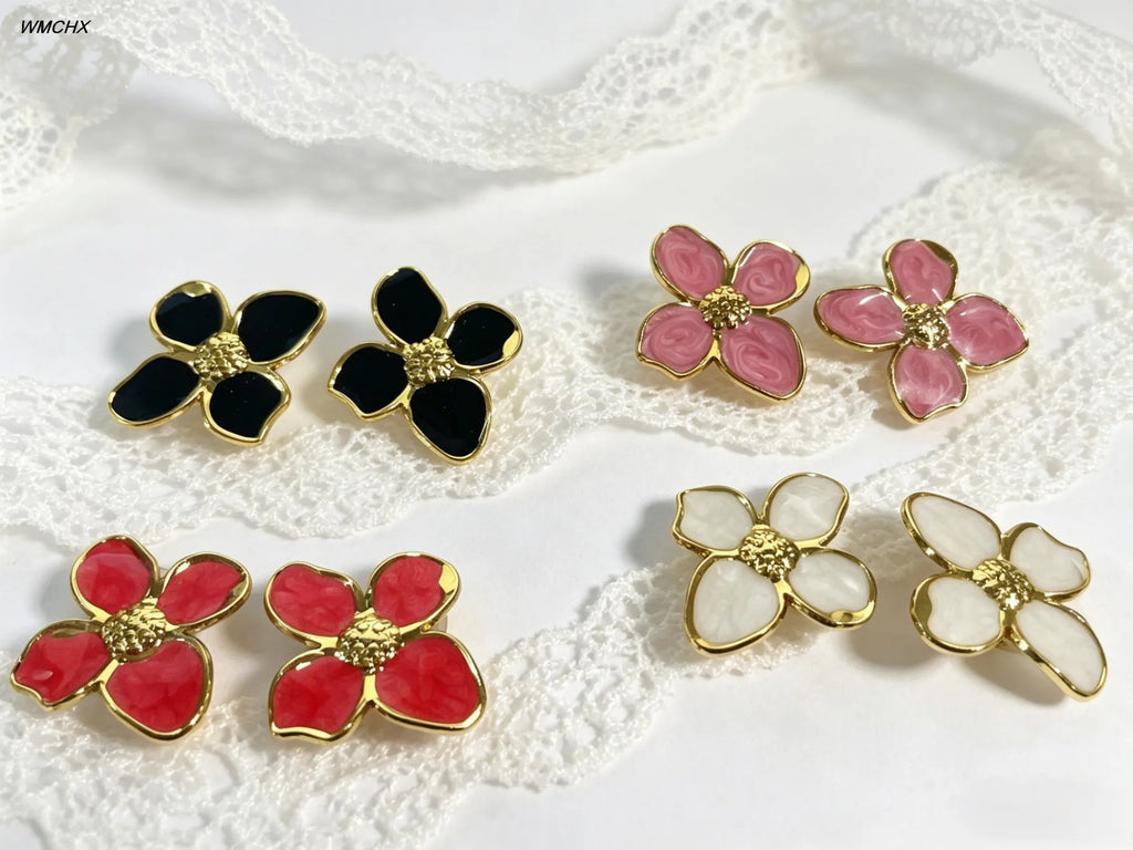Pendientes de Alta Gama con Diseño Dulce y Moderno, Esmalte Azul y Rosa, Flores, Primavera/Verano, Regalos para Mujeres, Joyería