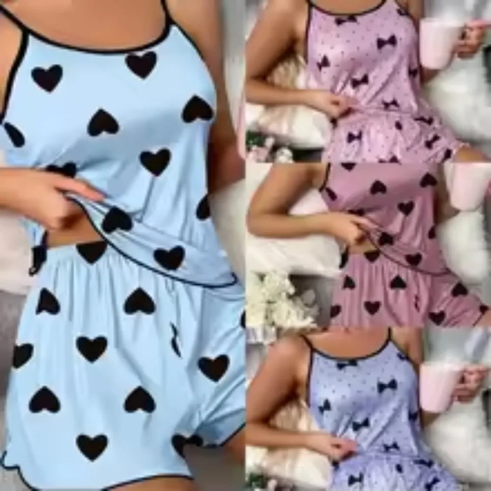 Conjunto de ropa de descanso informal para mujer – Camiseta y pantalones cortos de seda helada con estampado de corazón, pijamas de verano