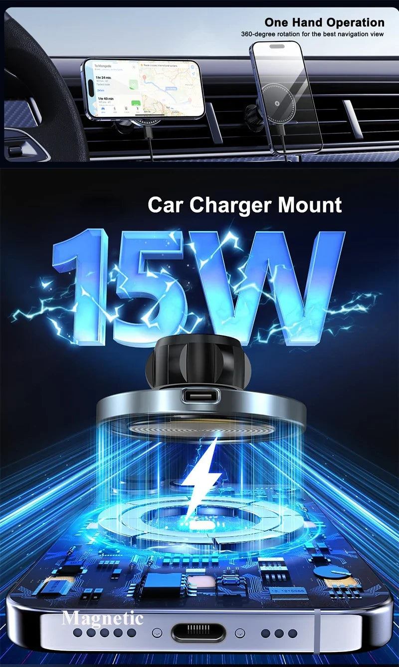 UYUXIO-Adaptador de cargador de teléfono inalámbrico magnético fuerte para coche, soporte de teléfono para salida de aire de 15W para iPhone 16 15 14 13 Pro Max Plus 12