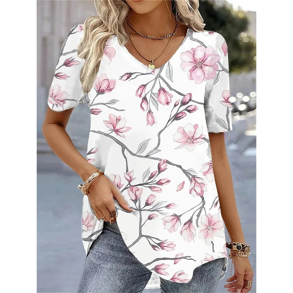 Camiseta con cuello en V para mujer, camiseta de manga corta con estampado 3D, camiseta informal holgada en blanco y negro, ropa de calle a la moda, jersey para mujer