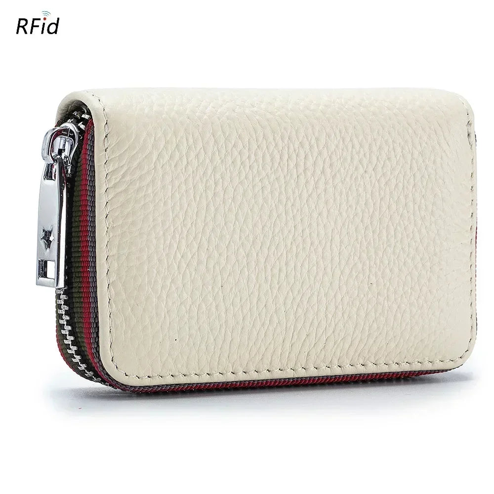Tarjetero de cuero genuino para hombre y mujer, cartera pequeña con cremallera, monedero sólido, diseño de acordeón, identificación Rfid, bolsas para tarjetas de crédito comerciales