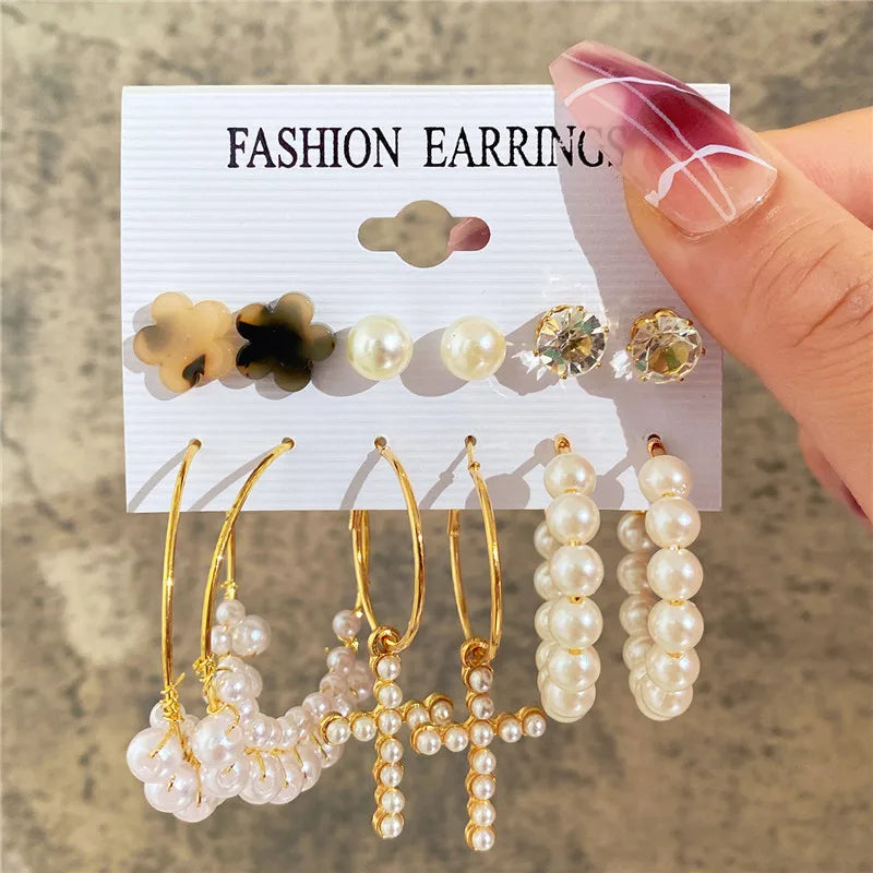 Conjunto de pendientes de aro bohemios de círculo grande para mujer, pendiente de perla Vintage bohemio de Color dorado, pendientes de circonita con forma de corazón, regalos de joyería