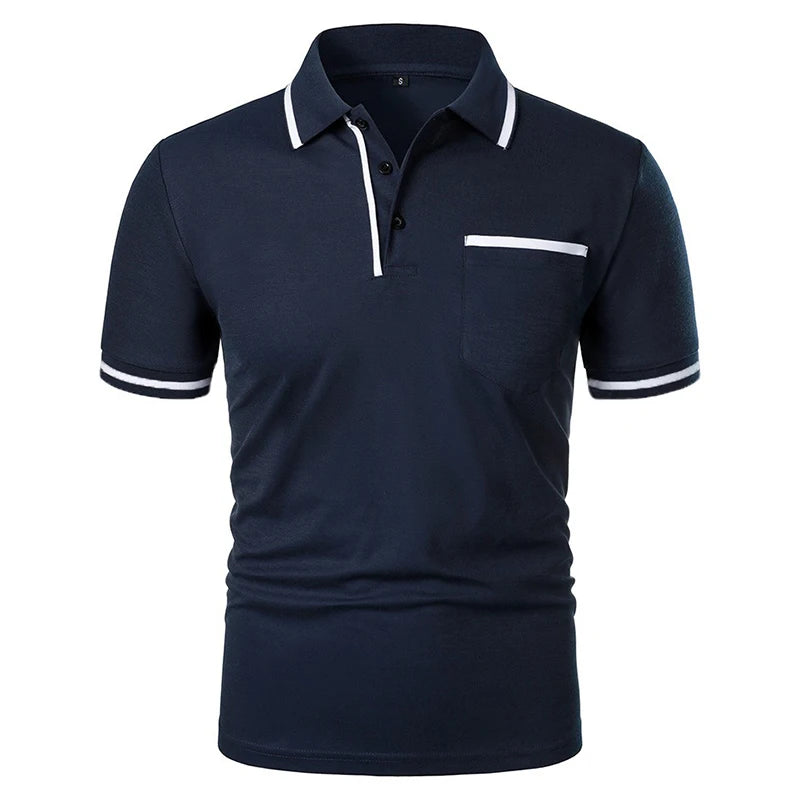 Nuevas camisas Polo de manga corta para hombre, camiseta informal de Color sólido, camisas de verano a la moda transpirables holgadas básicas con empalme y bolsillos superiores para hombre