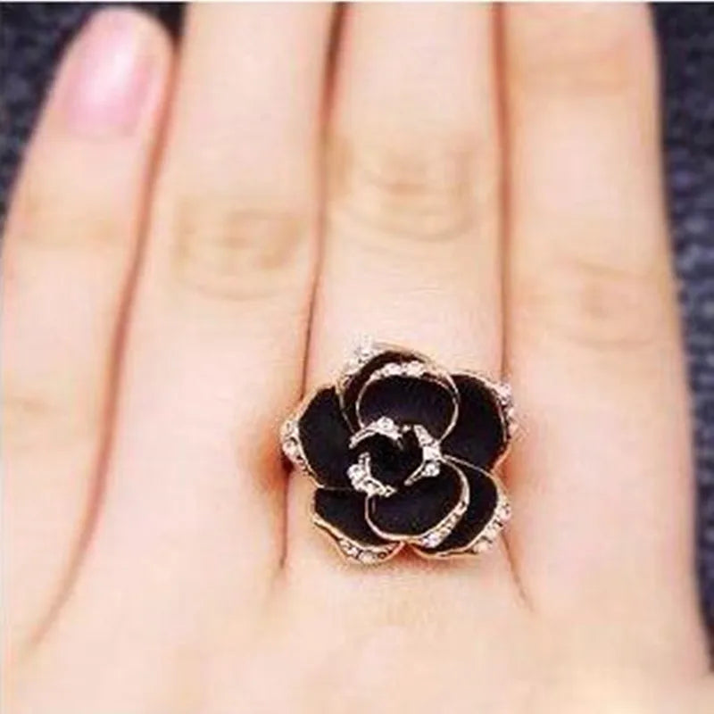 Gran oferta de anillos de joyería de moda, anillos con apertura de flor de rosa negra, anillos ajustables para dedo índice para mujer y niña, regalo