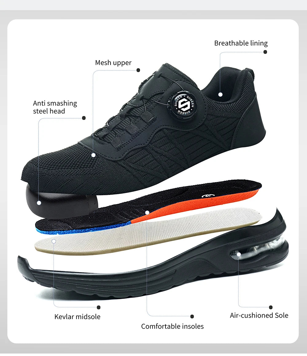 Nuevos zapatos de seguridad con hebilla giratoria para hombre, botas de trabajo ligeras antiimpacto y antiperforación, diseño deportivo de moda para exteriores profesionales