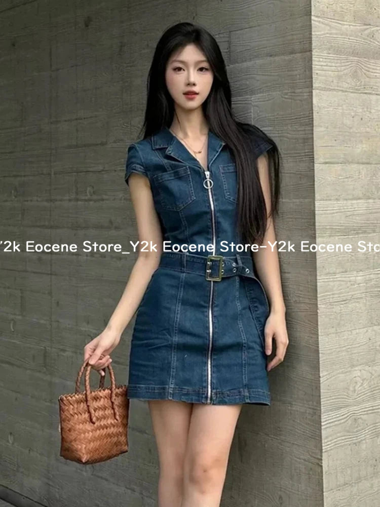 Vestido corto vaquero negro Retro americano para mujer, vestido elegante ajustado de una pieza con cremallera de verano, ropa informal de diseño de moda coreana