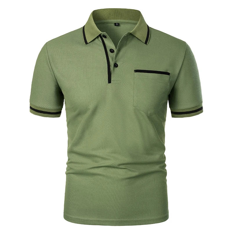 Nuevas camisas Polo de manga corta para hombre, camiseta informal de Color sólido, camisas de verano a la moda transpirables holgadas básicas con empalme y bolsillos superiores para hombre