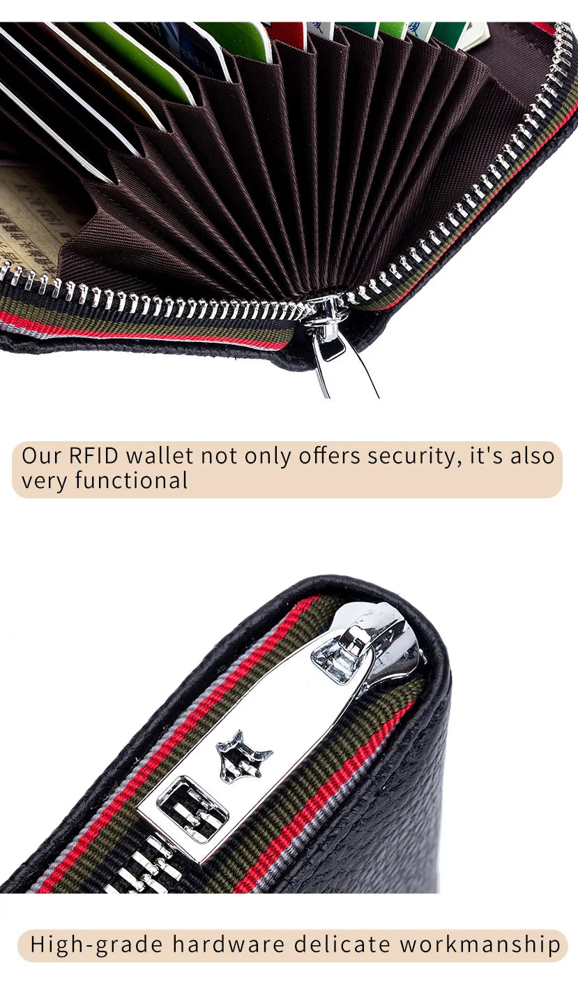 Tarjetero de cuero genuino para hombre y mujer, cartera pequeña con cremallera, monedero sólido, diseño de acordeón, identificación Rfid, bolsas para tarjetas de crédito comerciales