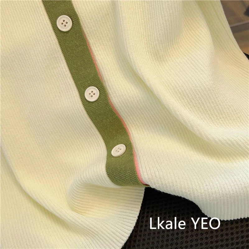 Primavera Verano 2025 diseño Sense Polo cuello mujer camiseta Casual cómoda Color contrastante Be All-match señoras Top de punto