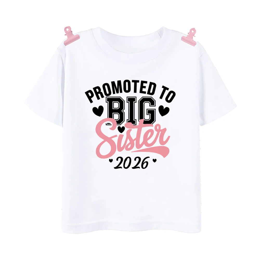 Promocionado a la hermana mayor 2026, camisas estampadas para niños, ropa de anuncio para bebés, camiseta para niñas, camisetas de manga corta de verano para niños