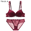 Sujetador de realce con escote en V profundo para mujer, conjunto de ropa interior Sexy, Copa gruesa de encaje, lencería cómoda de marca de alta calidad