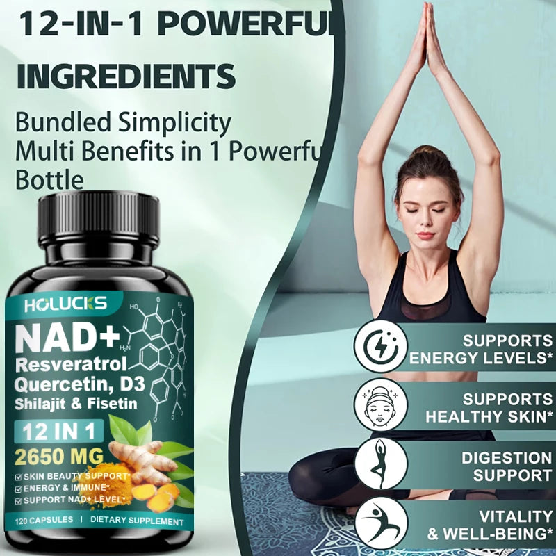 Cápsulas de NAD+ con Resveratrol, Suplemento 12 en 1, Mejora la Vitalidad Celular, Apoya la Energía y la Concentración, la Salud Inmunológica y de la Piel