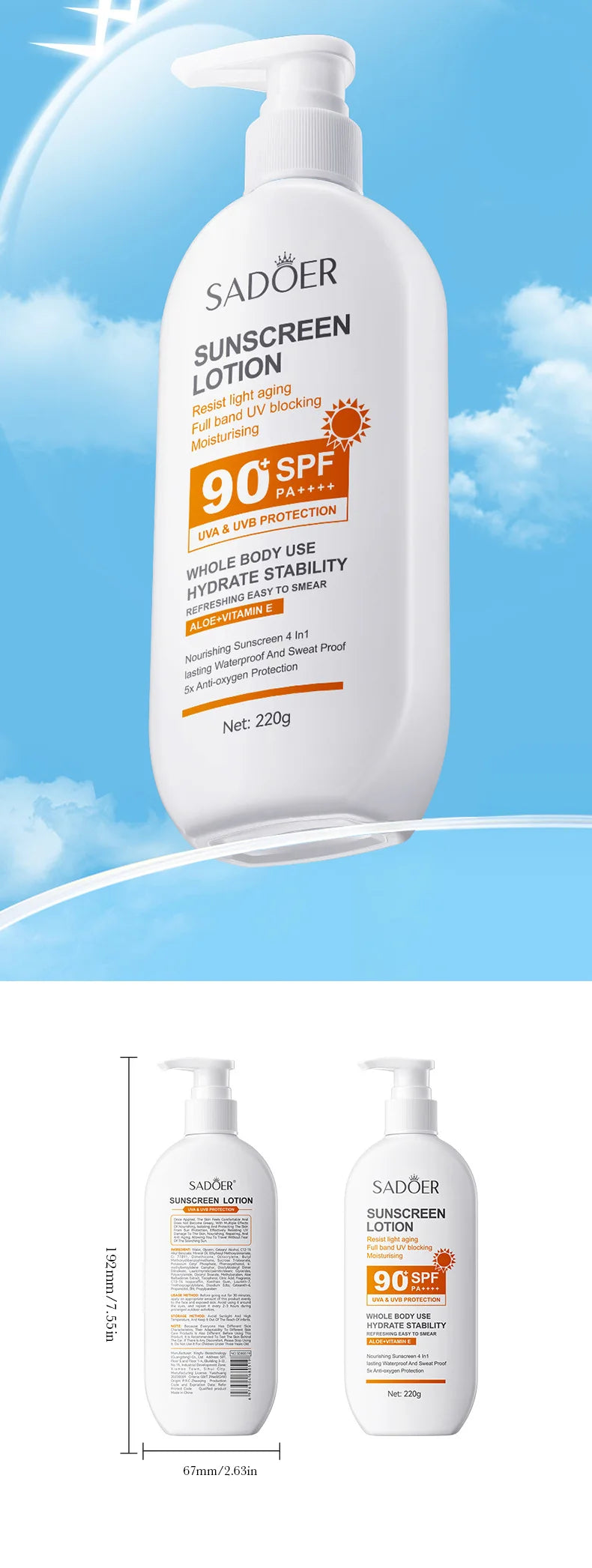 Loción solar súper 220ml con vitamina E para el cuerpo y la cara SPF 90 PA++++ Uso del cuerpo entero Protege + Hidratación