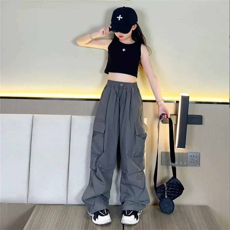 Pantalones Jogger Holgados para Niñas, Pantalones Cargo Casuales Rectos para Adolescentes, Pantalones de Moda para Niños con Bolsillos, Ropa Urbana para Niños Grandes de 5 a 14 Años