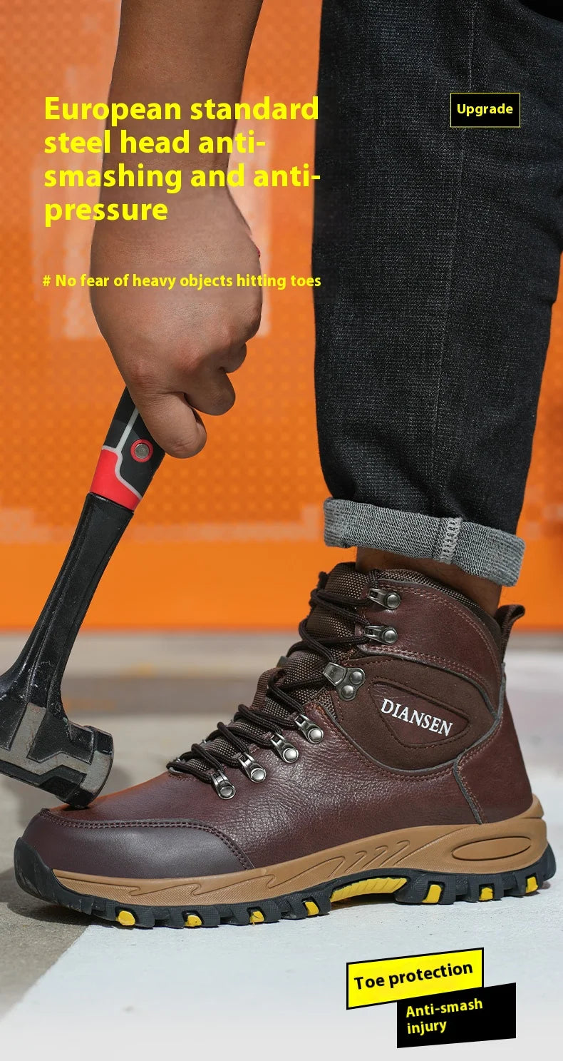 Botas de seguridad de trabajo indestructibles de cuero impermeables para hombre, botas militares para exteriores, zapatos industriales antigolpes y antipinchazos para hombre