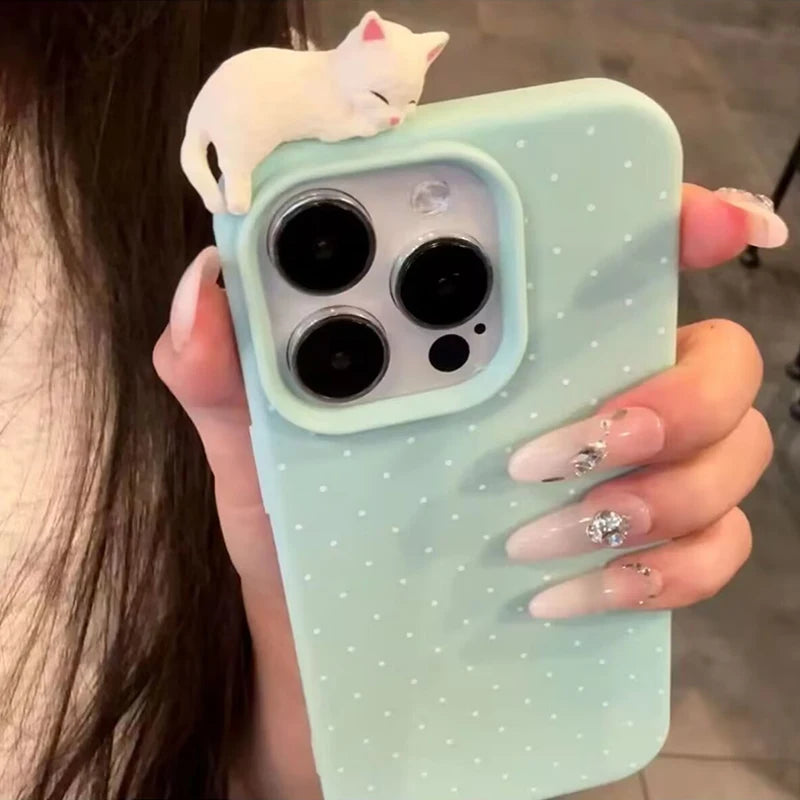 Funda de teléfono suave con diseño de lunares encantadores de Corea para iPhone 17 16 15 14 13 12 Pro Max Plus X funda a prueba de golpes con bonito gato de dibujos animados 3D