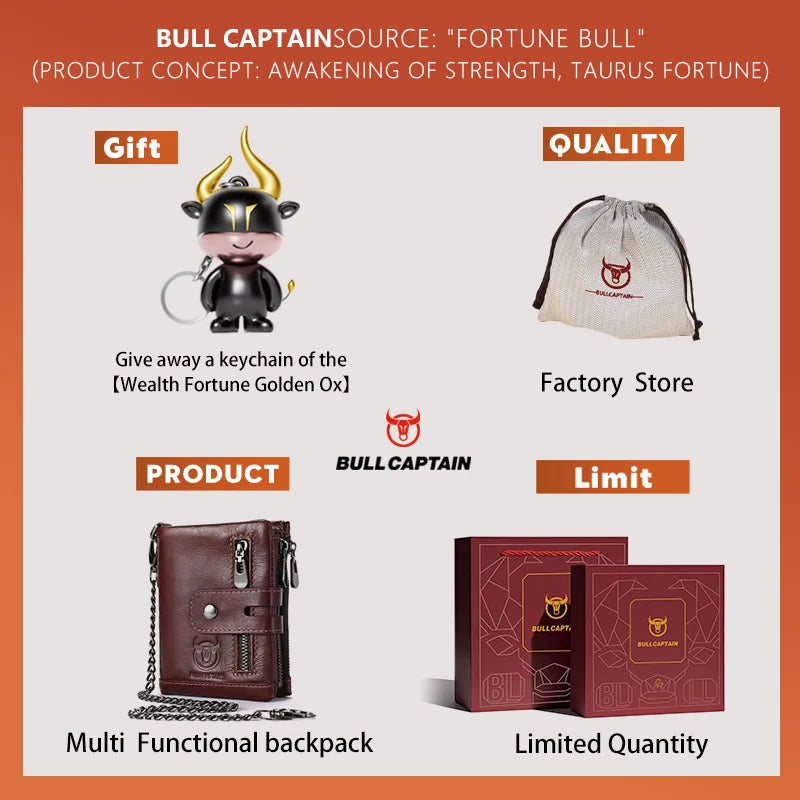 Cartera Bullcaptain de cuero genuino para hombre, monedero de viaje de calidad a la moda, protección Rfid, tarjetero Wollst para hombre con cadena