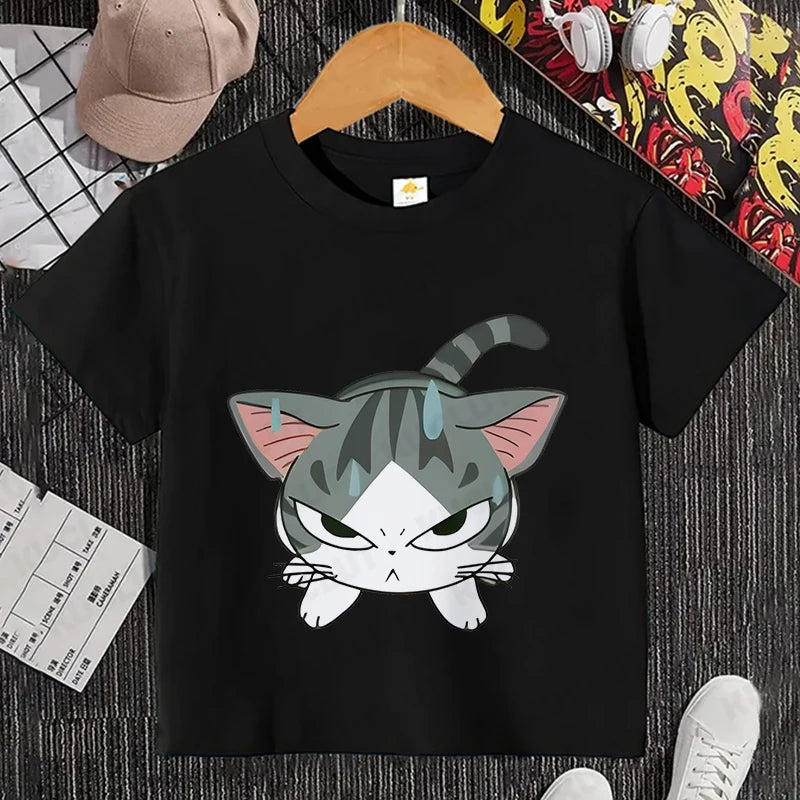 Camiseta con estampado de gato para niños y niñas, camiseta de dibujos animados, camiseta informal de manga corta, ropa cómoda y divertida para verano