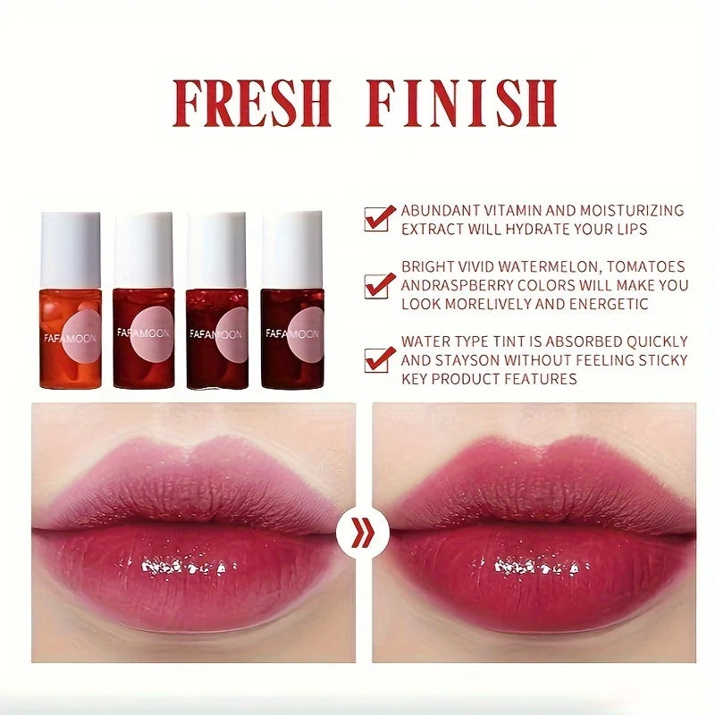 Tinte de labios afrutado de 4 colores, tinte de brillo de agua, lápiz labial líquido hidratante impermeable, antiadherente, alto pigmento, colores de larga duración