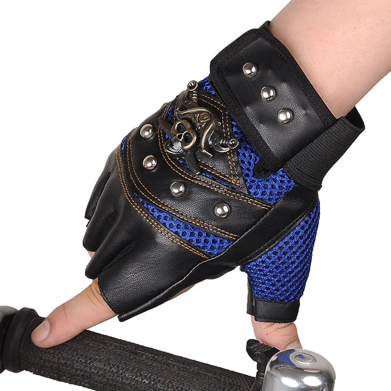 Guantes sin dedos de cuero PU de capitán pirata para hombre y mujer, manoplas con remaches de calaveras, guantes de gimnasio de Hip Hop, guantes de medio dedo para Moto femenina