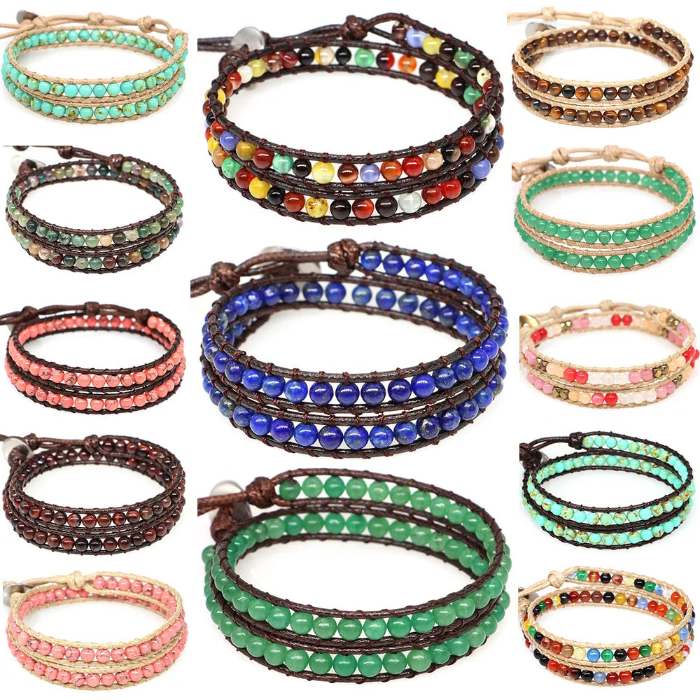 Pulsera de cuentas bohemias de piedra Natural, lapislázuli, 2 hebras, brazalete tejido de cuerda de cuero multicapa para mujeres y hombres, regalo de joyería