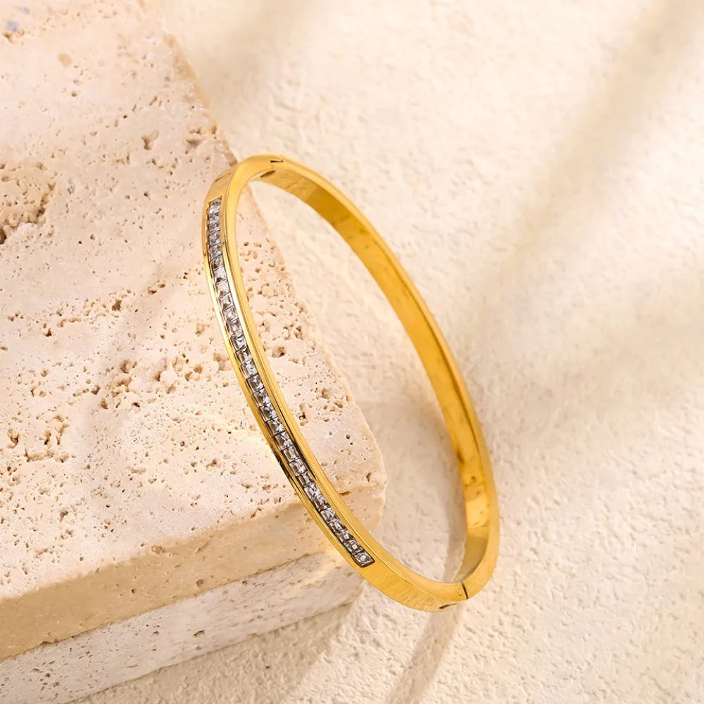 Pulsera apilable de acero de titanio para parejas, brazaletes de acero inoxidable con circonitas brillantes, color dorado, regalo de joyería para mujer
