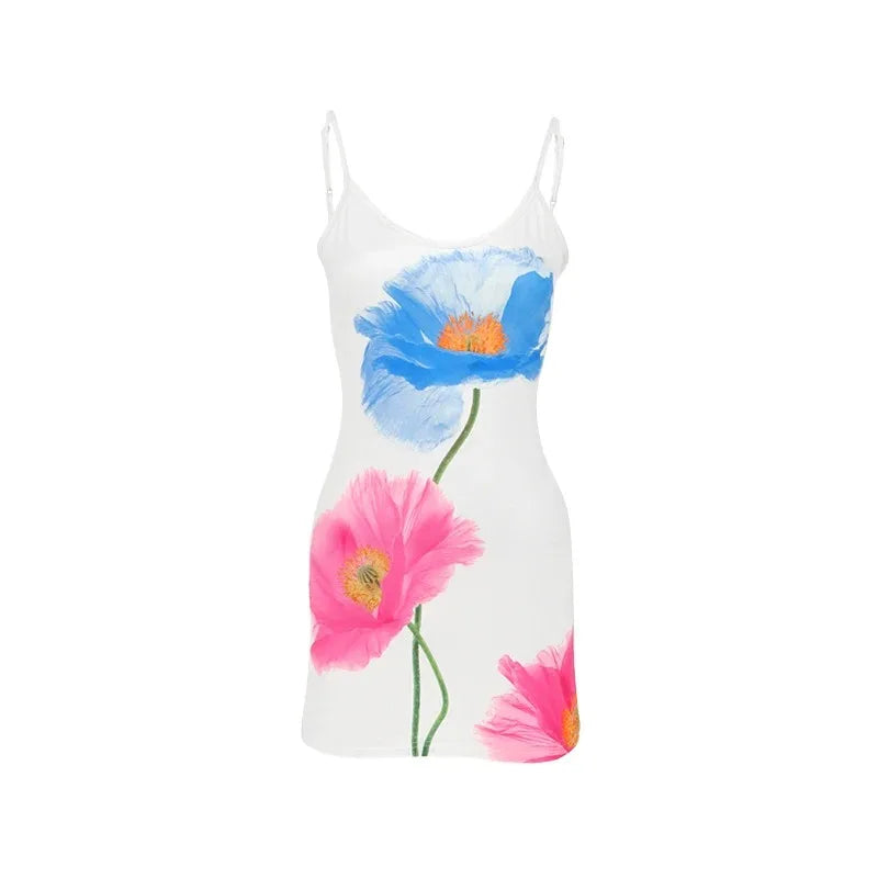 Minivestido Sexy para mujer, novedad de verano, moda blanca, ropa de calle con cuello redondo, vestido sin mangas estampado con tirantes y espalda descubierta, vestido elegante ajustado informal