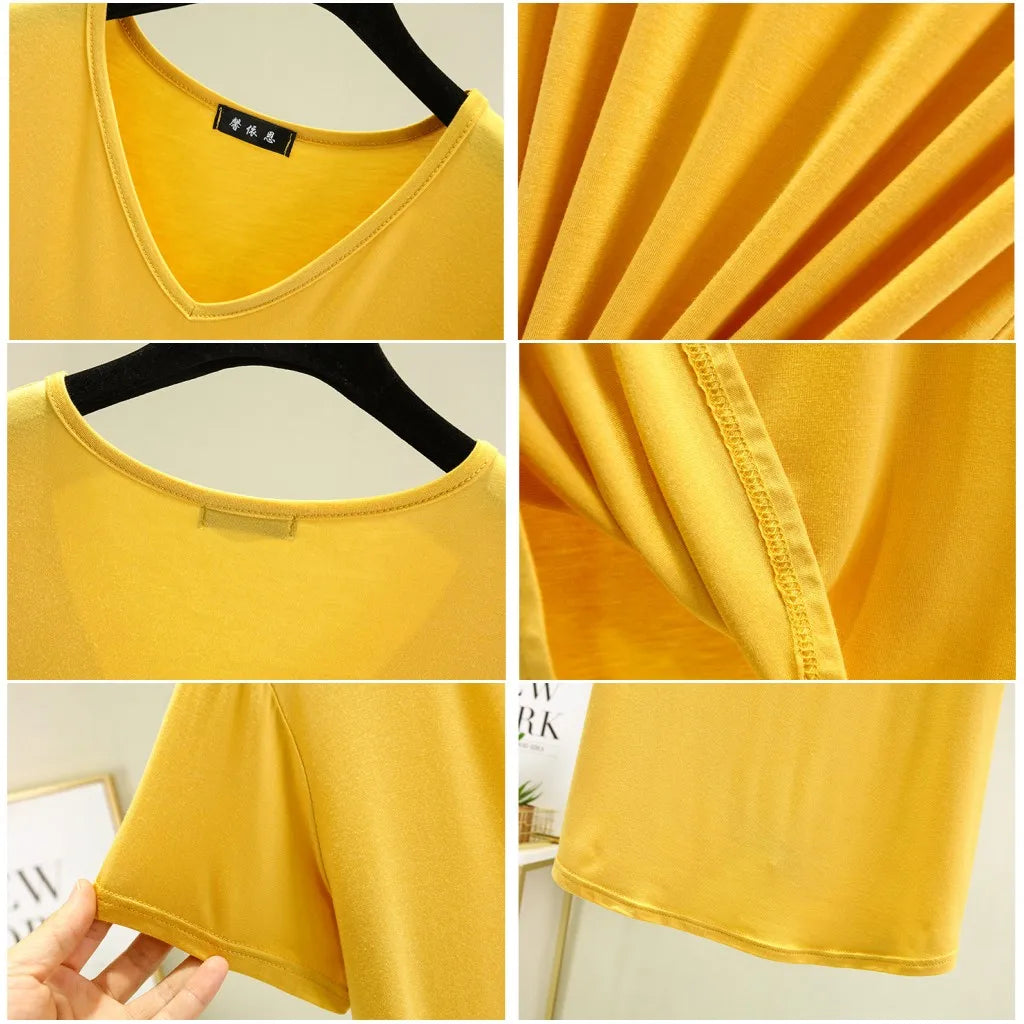 Camiseta de Modal con cuello en V para mujer, camisetas de fondo fino, camisetas holgadas de talla grande, ropa de calle, Top básico
