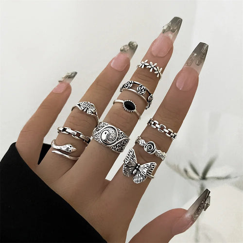 21 unids/set Punk gótico mariposa serpiente corazón anillos conjunto para Mujeres Hombres Vintage plateado geométrico anillos de dedo joyería de fiesta