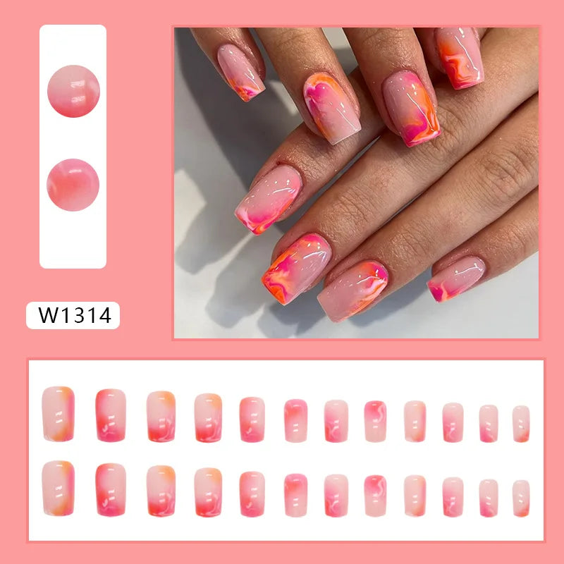 Dulce francés 24 Uds. De uñas postizas degradadas rosas, manicura de dedos artificiales brillantes, uñas postizas reutilizables para mujeres
