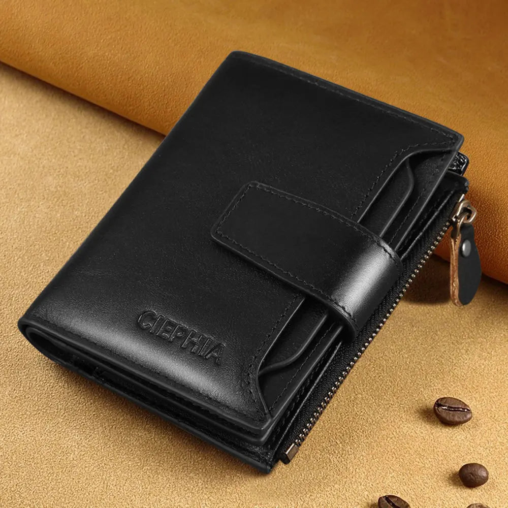 CIEPHIA Cartera Retro de cuero genuino para hombre, monedero antirrobo con cremallera, capa superior de piel de vaca, uso diario informal de negocios