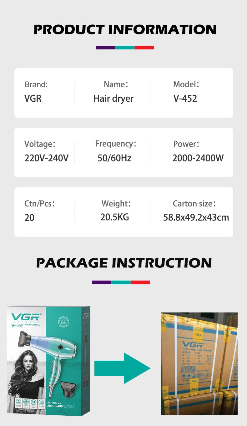 VGRV-452 secador de pelo profesional para el cuidado del cabello 2000-2400W súper fuerte energía eólica dormitorio hogar iones negativos cuidado del cabello estilo viento