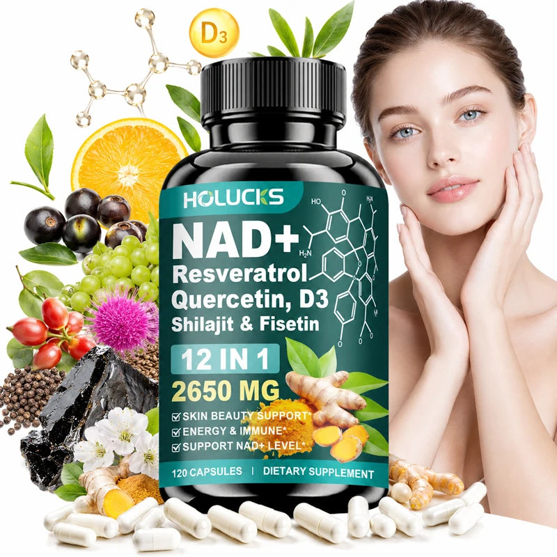 Cápsulas de NAD+ con Resveratrol, Suplemento 12 en 1, Mejora la Vitalidad Celular, Apoya la Energía y la Concentración, la Salud Inmunológica y de la Piel