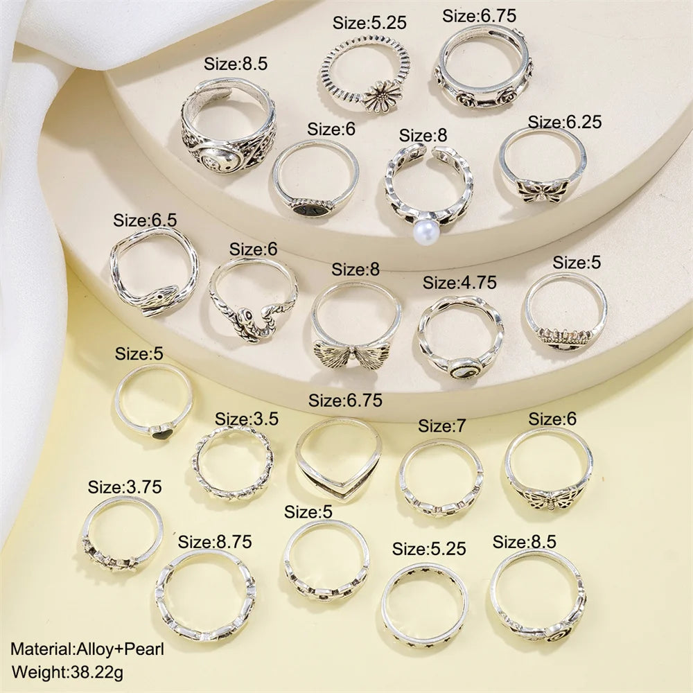 21 unids/set Punk gótico mariposa serpiente corazón anillos conjunto para Mujeres Hombres Vintage plateado geométrico anillos de dedo joyería de fiesta