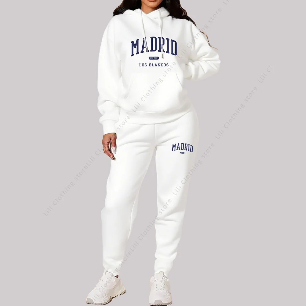 Nuevo chándal para mujer, sudaderas con capucha de otoño e invierno, pantalones de chándal, trajes de 2 piezas, ropa deportiva con estampado de Madrid, conjuntos de pantalones para mujer