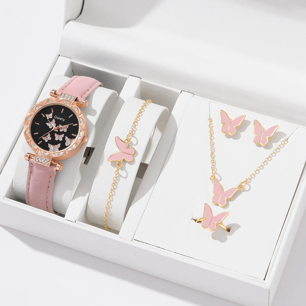 Conjunto de joyería de mariposa (sin caja), relojes para mujer, relojes de cuero para mujer, anillos, collar, pendientes, pulsera, regalo de boda