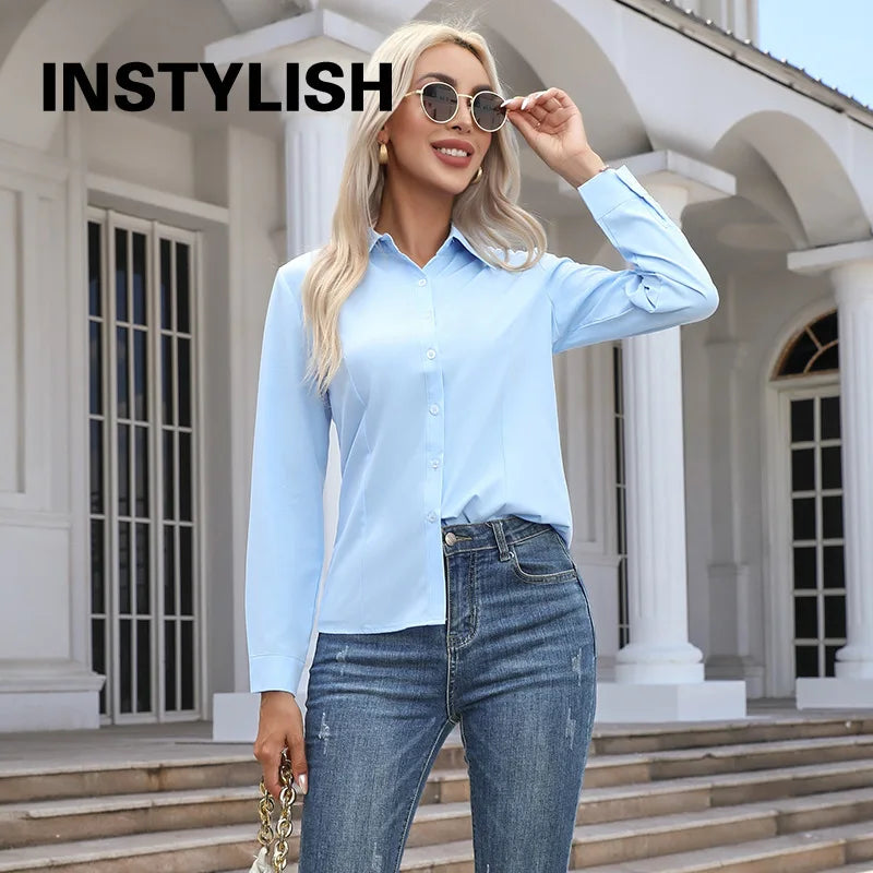 Blusa Elegante de Gasa con Botones para Mujer, Camisa Informal de Manga Larga con Cuello Camisero para Primavera y Verano, Blusa Tipo Túnica para Oficina