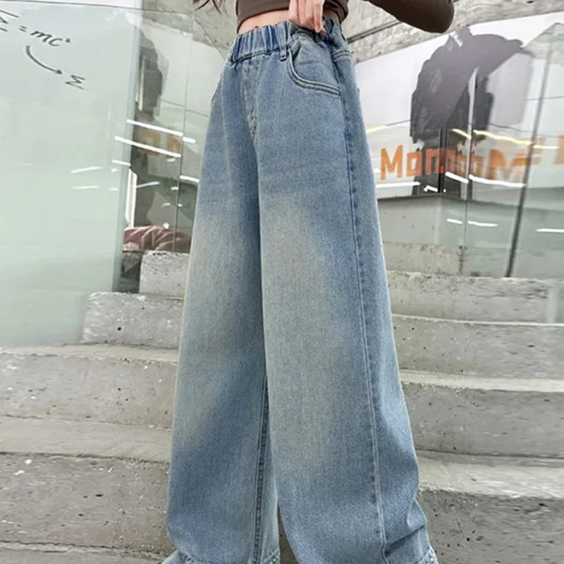 Pantalones vaqueros sueltos para chicas adolescentes, pantalones vaqueros de pierna ancha para primavera y otoño, nuevos pantalones rectos a la moda para niños, ropa informal para adolescentes