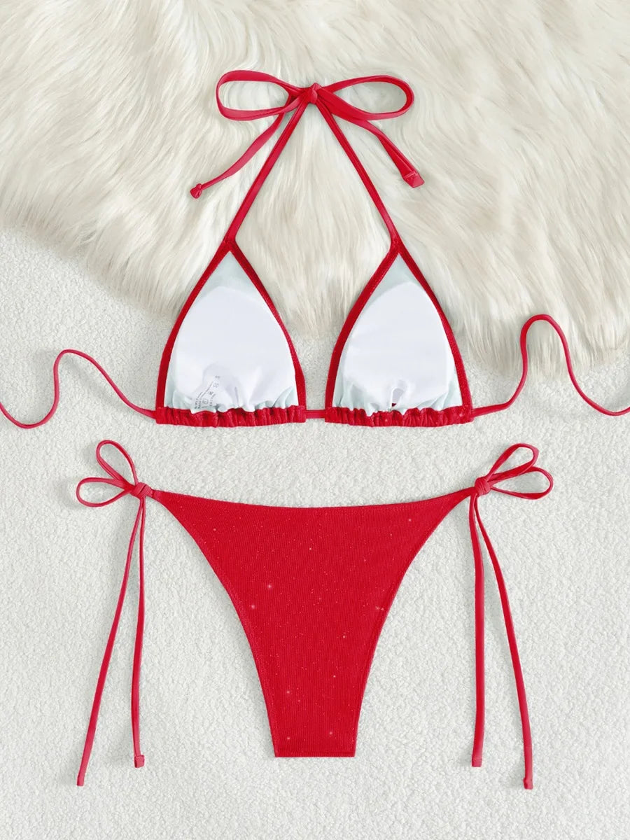 Bikini brillante con tiras y cuello Halter, Bikinis de corte alto para mujer, traje de baño para mujer, conjunto de Bikini de dos piezas, traje de baño 2025