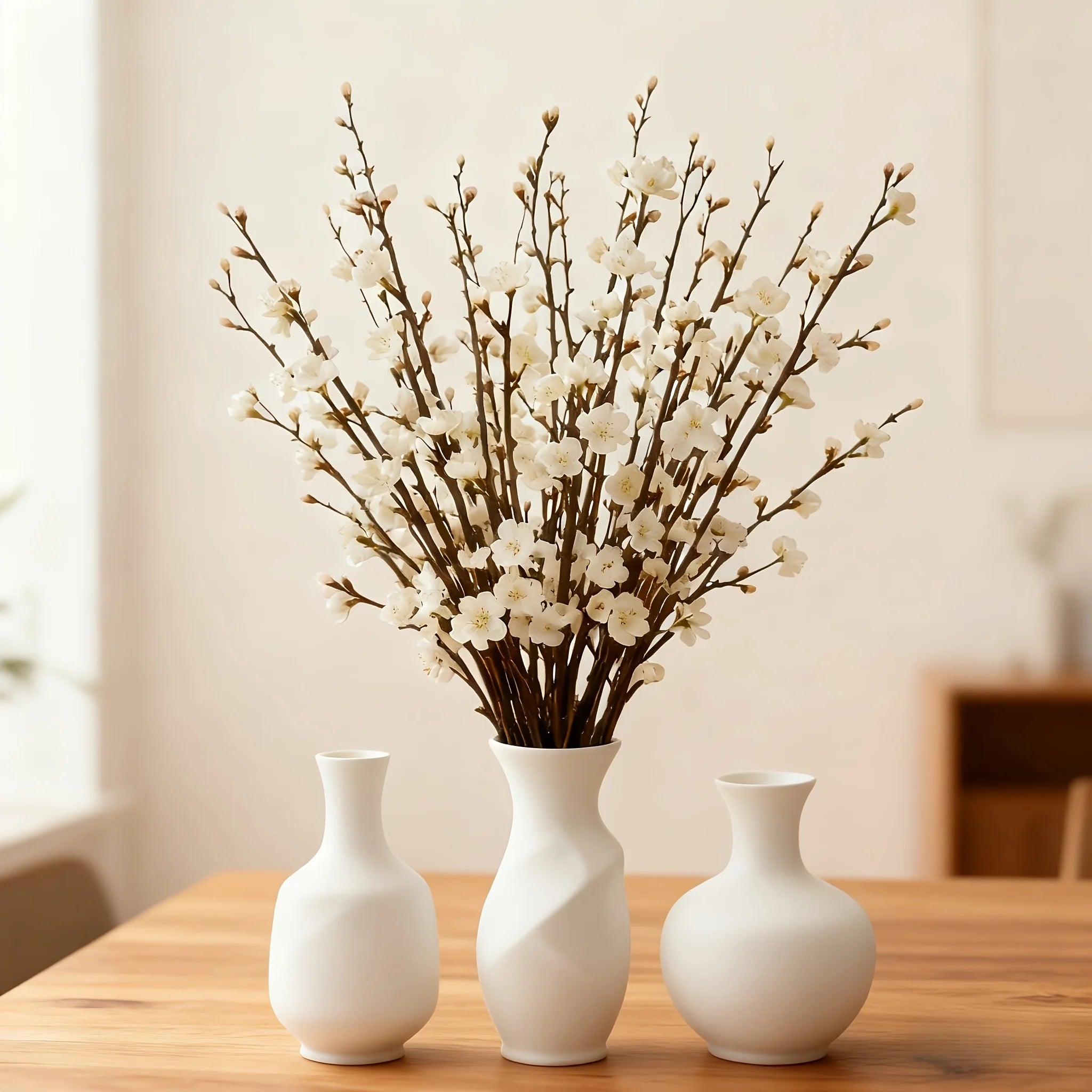 5 paquetes de flores de ciruelo blancas artificiales de tallo largo, flores de jade realistas, para decoración exterior/interior, adecuadas para el hogar