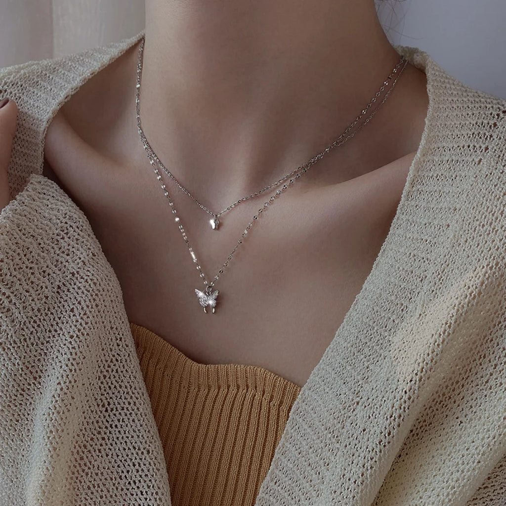 Nuevo collar de mariposa brillante para mujer, exquisito collar de cadena de clavícula de doble capa, joyería para regalo de mujer