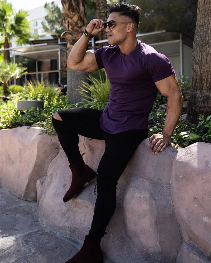 Camiseta de entrenamiento muscular, camiseta de manga corta de entrenamiento de verano para hombre, camiseta de fitness de algodón de alta calidad para hombre, camisetas de color sólido para gimnasio