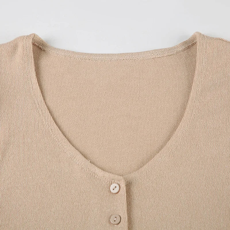 Novedad de verano, minivestido elegante de punto sin tirantes para mujer, vestidos de manga corta con cuello en V y botones, ropa de calle para mujer Ne