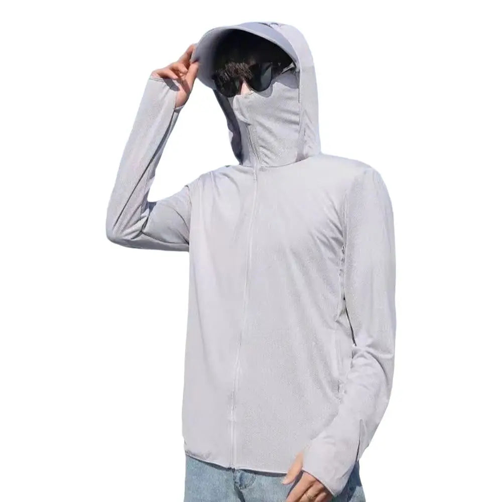 Nueva sudadera con capucha de seda helada para hombre, protección solar, secado rápido, cremallera completa, camisa UV de manga larga con máscara facial, camisa de pesca para hombre