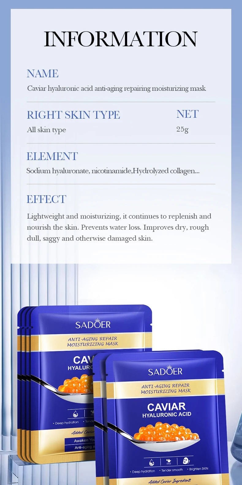 5 uds SADOER Caviar ácido hialurónico mascarillas faciales hidratantes brillo reafirmante mascarilla Facial hidratante productos para el cuidado de la piel Facial