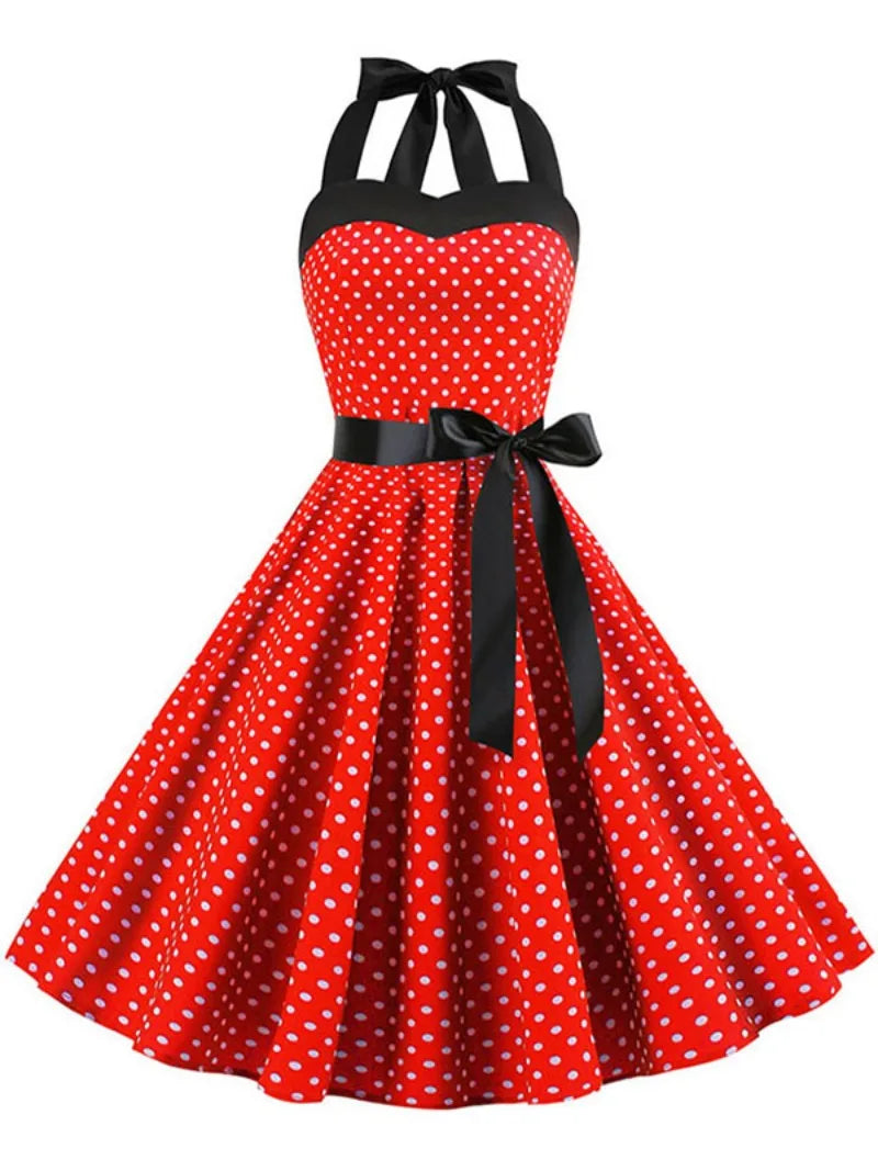 Elegante Vestido de Mujer con Estampado de Puntos, Estilo Hepburn de los Años 50 y 60, Vestido Vintage Sexy con Cuello Halter, Estilo Rockabilly Retro para Fiesta u Oficina, Vestido Pinup 2026